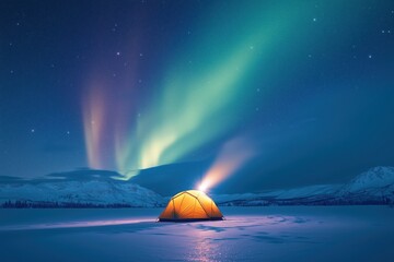 Illuminated tent stands on a snow-covered expanse beneath a vibrant display of the aurora borealis, creating a serene and magical winter scene