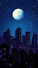 Naklejka premium Cityscape Night View Underneath Full Moon And Stars