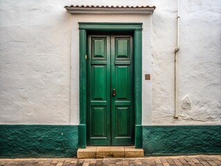 Fototapeta premium Urban Exploration: Dark Green Door on White Wall - Stock Photo