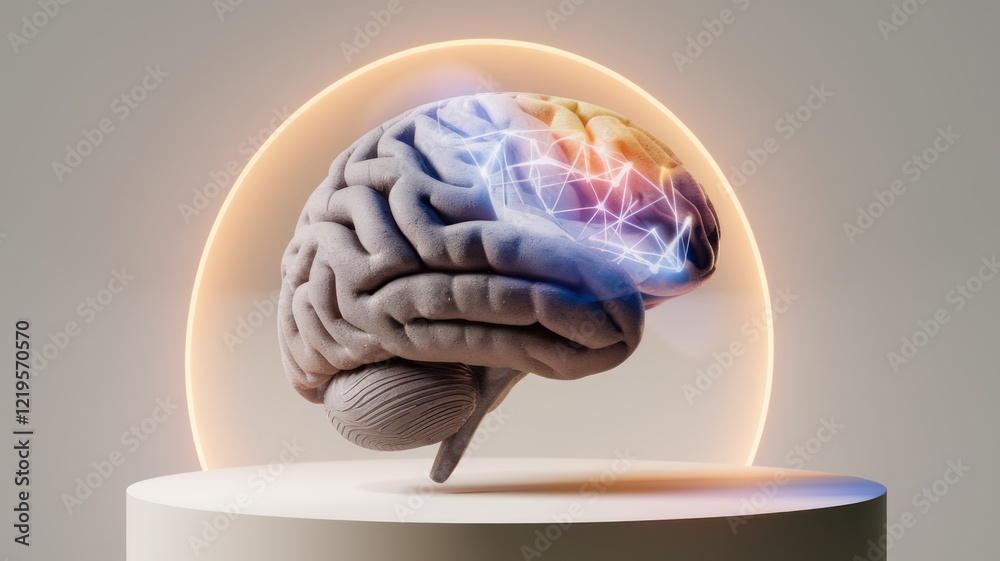 Leinwandbilder A 3D rendering of a human brain with illuminated neural pathways, showcasing complex cognitive processes.