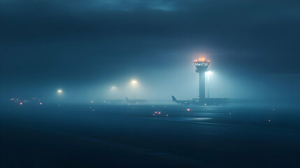 Foggy Night at the Airport: Airplanes and Control Tower in the Mist