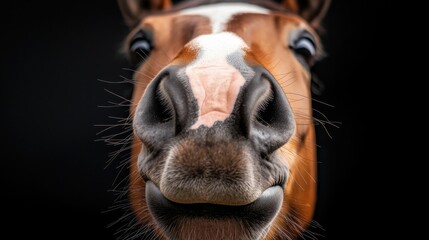 Fototapeta premium A close up of a horse's nose with a black background