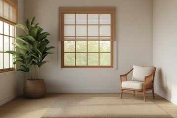 Zen interior design: Minimalist balance in open spaces. Cozy room with natural light, plants, and minimalistic decor.