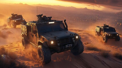 Desert Convoy at Sunset on Sand Dune