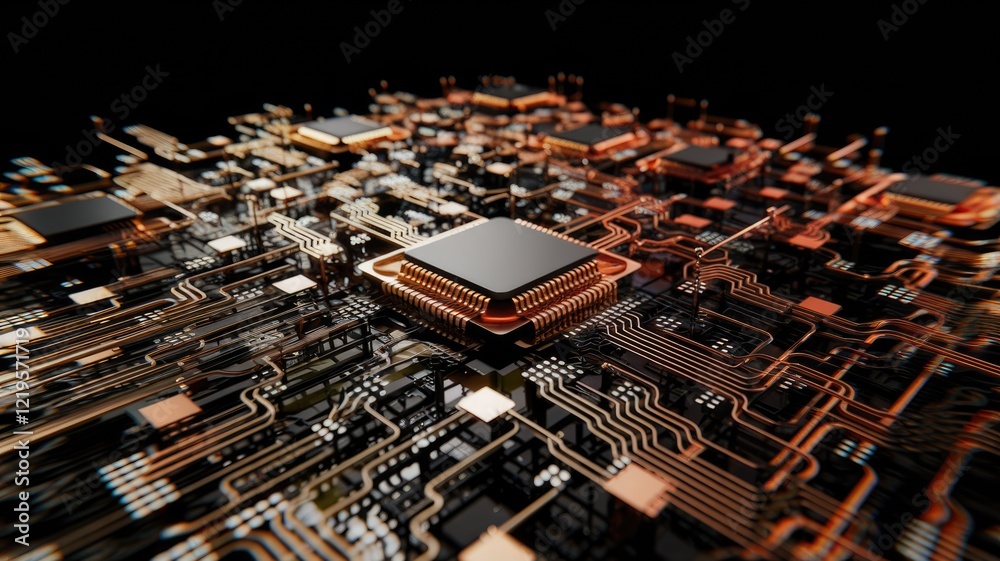Poster Close-up view of a complex, intricate computer circuit board with multiple processors and copper wiring.