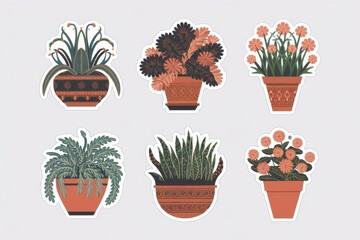 Six potted plants with stylized floral designs
