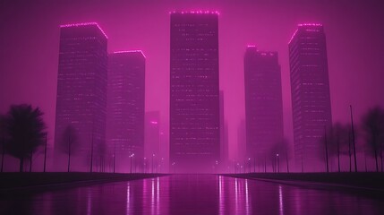 Obraz premium Pink Cityscape Night Fog Illuminated Towers
