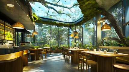 Fototapeta premium Modern Restaurant with Indoor Garden and Panoramic Windows