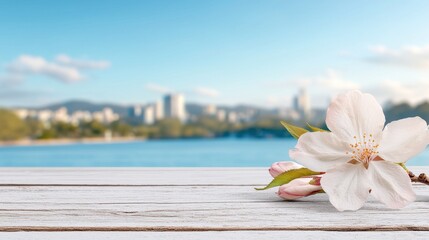 Fototapeta premium A white flower sitting on top of a wooden table