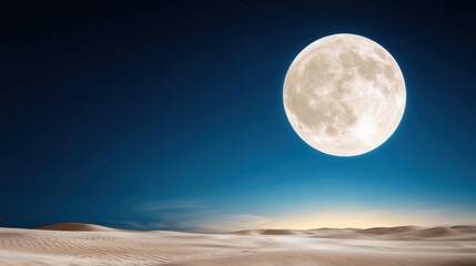 A full moon rising over a desert landscape with sand dunes in the foreground