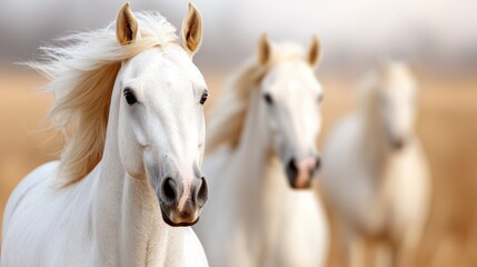 Obraz premium A group of white horses standing next to each other in a field
