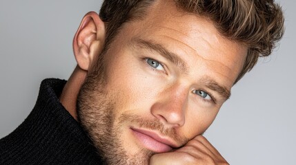 Obraz premium A close up of a man with his hand on his chin