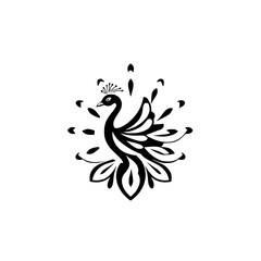 Elegant Peacock Bird Design: Black and White Wildlife Illustration, Nature Symbol, Decorative Pattern, Vintage Style, Royal Luxury Graphic