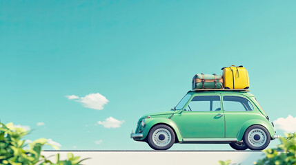 Fototapeta premium Green car with luggage ready for summer holidays 3D Rendering. High quality photo