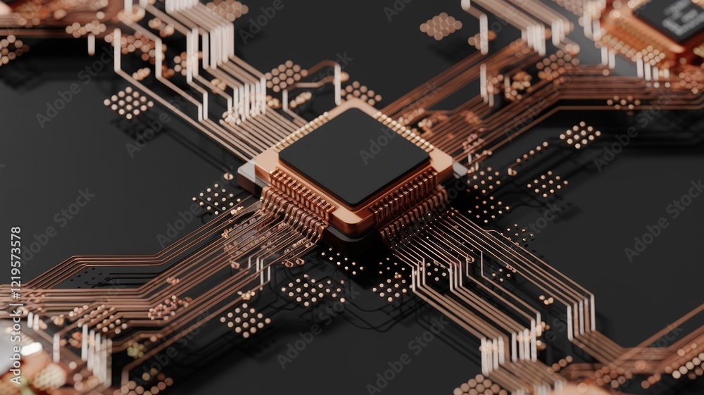 Poster Close-up of a microprocessor chip on a circuit board, showcasing intricate copper wiring and connections.