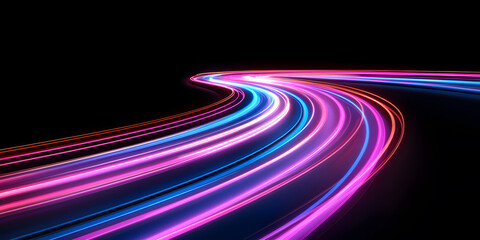 Dynamic streaks of vibrant pink, blue, and red light trace a curving path against a black background, suggesting speed and movement.