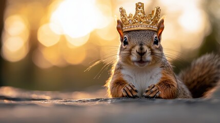 A squirrel wearing a gold crown sitting on top of a rock