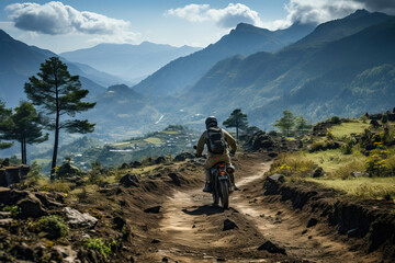 Fototapeta premium Motorcyclist on a scenic mountain road adventure, enjoying breathtaking views.