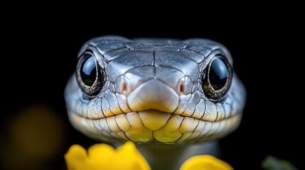 Fototapeta premium A close up of a snake's face with a yellow flower in the background