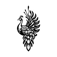 Elegant Peacock Bird: Black and White Ornate Feather Design.  Perfect for nature lovers, wildlife enthusiasts, and those who appreciate beautiful, stylish art.
