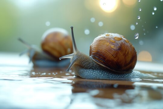 Large snails Helix Aspersa Maxima move under running water. Edible snails bred on farm. Snails in natural environment. Closeup photo shows snail shells, water droplets. Business concept shows food