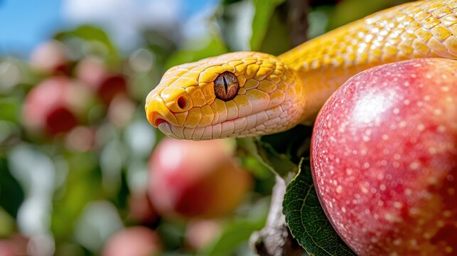A yellow snake on a branch of an apple tree
