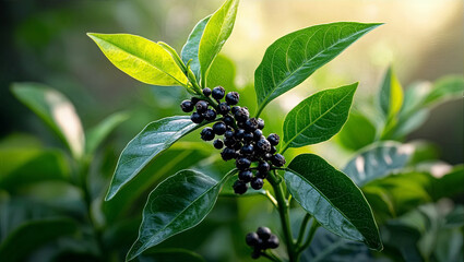 Obraz premium Black Pepper Plant with Green Leaves and Seeds Growing in a Garden or Farm. Close-up Organic Food or Farming Background