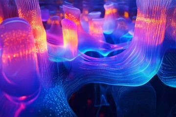 Bioluminescent Jellyfish in Futuristic Underwater Structure with Glowing Fish
