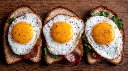 Three fried eggs on slices of bread on a wooden table