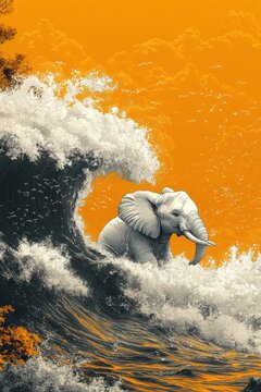 An elephant is riding a large wave in the ocean