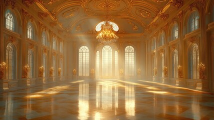 Obraz premium A grand interior of an opulent ballroom featuring high ceilings adorned with intricate gold moldings.