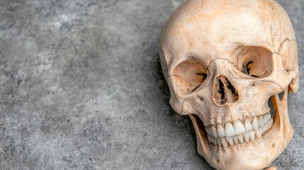 Fototapeta premium A human skull on a gray surface