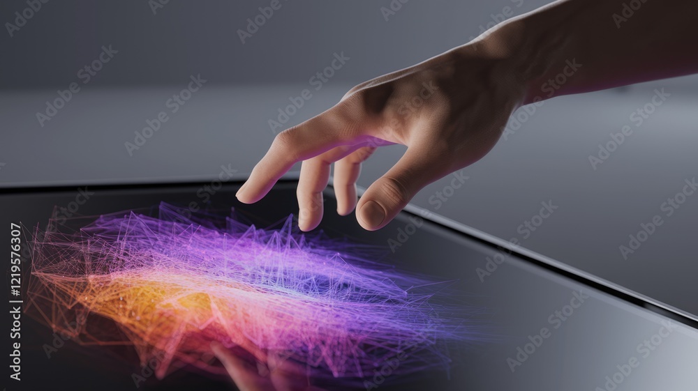 Poster a hand interacts with a holographic digital display showcasing a vibrant network of interconnected n