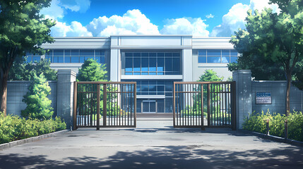 Modern school building with open gates on sunny day