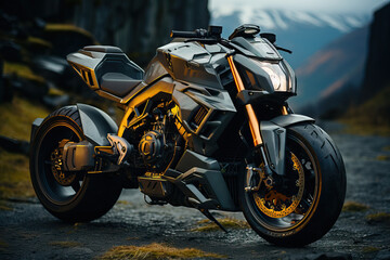 Fototapeta premium Sleek, dark motorcycle on a rugged mountain road. Powerful engine and aggressive design.