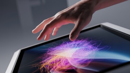 A hand interacts with a digital screen displaying abstract colorful light trails, symbolizing innovation and technology.