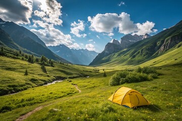 Vibrant Camping Valley: Sunny Meadow, Yellow Tent, Mountain Vista