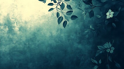Teal Background with Dark Green Leaves and Flowers