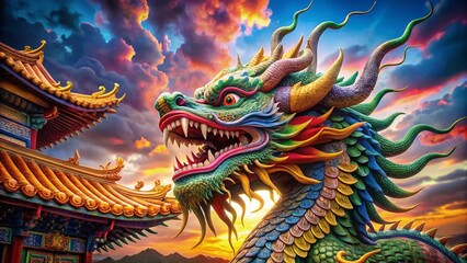 Naklejka premium Vibrant Chinese Dragon Soaring Above Temple Roofs - Close-Up
