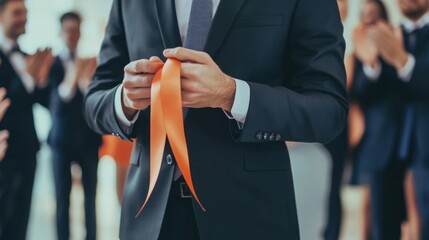 Businessman Cutting Orange Ribbon, Success, Celebration, Achievement