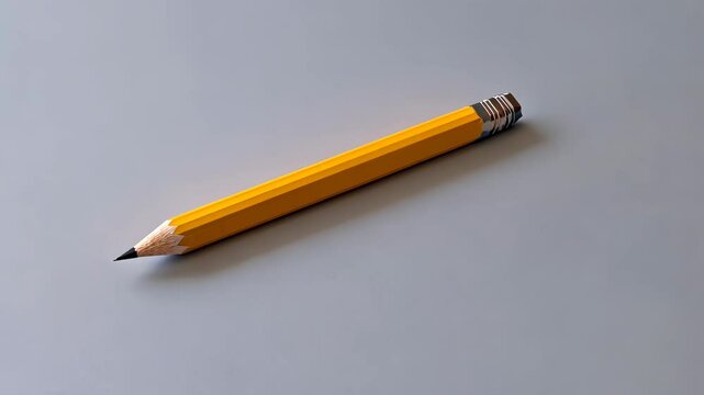 Bright yellow pencil resting on a smooth surface with stubby graphite tip and silver ferrule