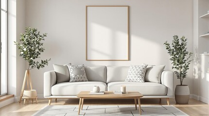Fototapeta premium Modern minimalist living room with neutral sofa and natural light