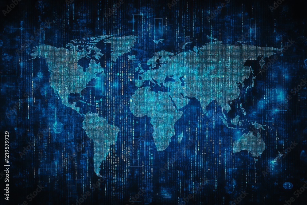 Poster global digital network world map abstract blue technology background digital code data stream futuri