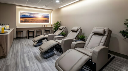 Tranquil Relaxation Room: Modern Massage Chairs & Serene Design