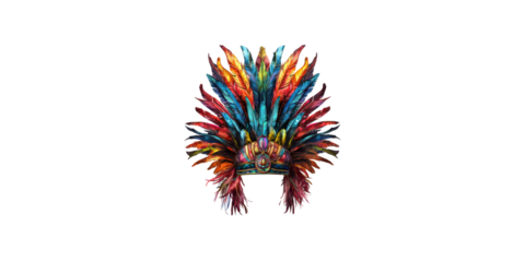 Colorful feathered headdress with tribal design isolated on transparent background