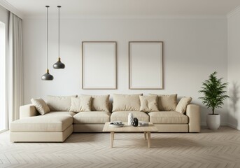 Modern minimalist living room, beige L-shaped sofa, white brick walls, wooden floor, black pendant lights, potted plant, large windows, natural light, empty picture frames, coffee table, neutral tones