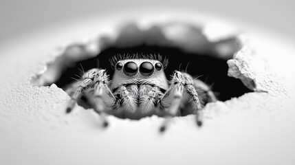 A black and white photo of a jumping spider peeking out of a hole
