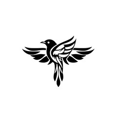 Black and White Bird with Wings: Abstract Tribal Design, Vector Graphic, Nature Symbol, Tattoo Art