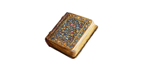 Vintage ornate book with intricate floral cover design isolated on transparent background
