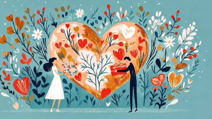 Couple exchanges gifts in a heart-shaped floral setting filled with love symbols and bright colors during a celebration